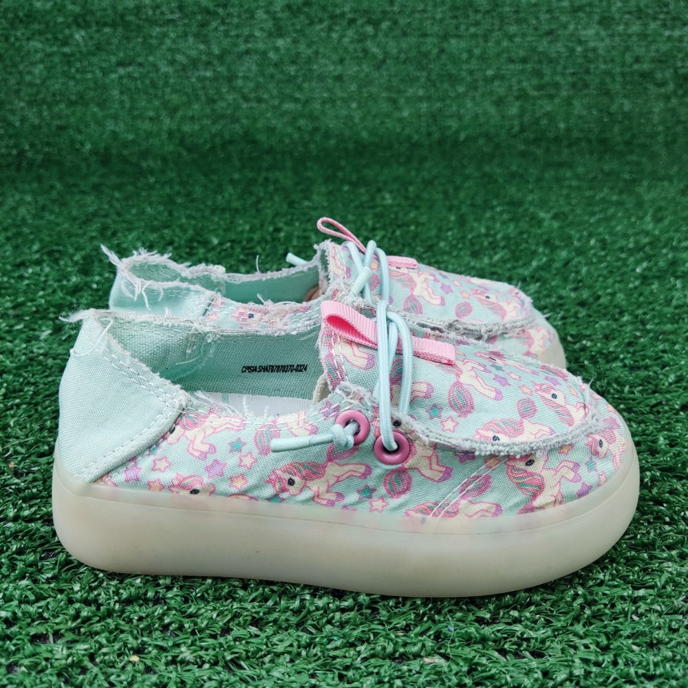 Member's Mark Shoes Girl 9C Teal Unicorn Slip On Loafers Frayed Canvas Boat Shoe